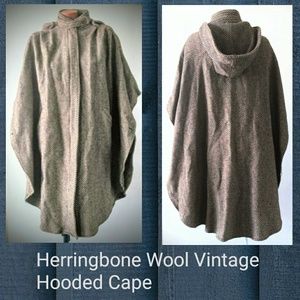 Vintage Herringbone Virgin Wool Hooded Cape